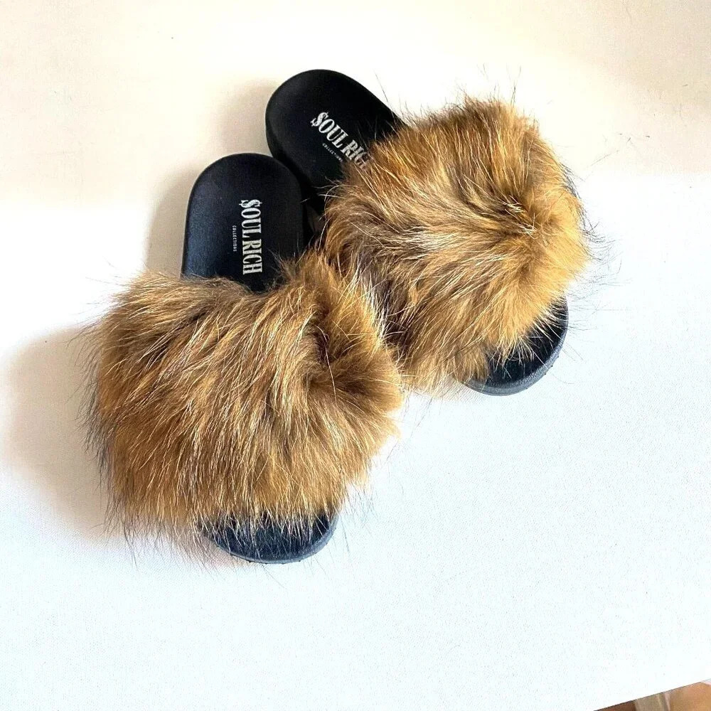 Brown Fur Real Fur Fluffy Slides NEW 10